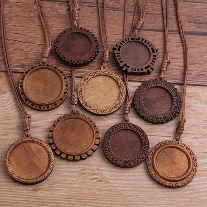 DAHI 36pcs Brown Wood Bezel Round Wooden Pendants Trays Bezels 9 Styles Bezels Pendant Trays with Cabochon Pendant for DIY Photo Jewelry Making Crafts