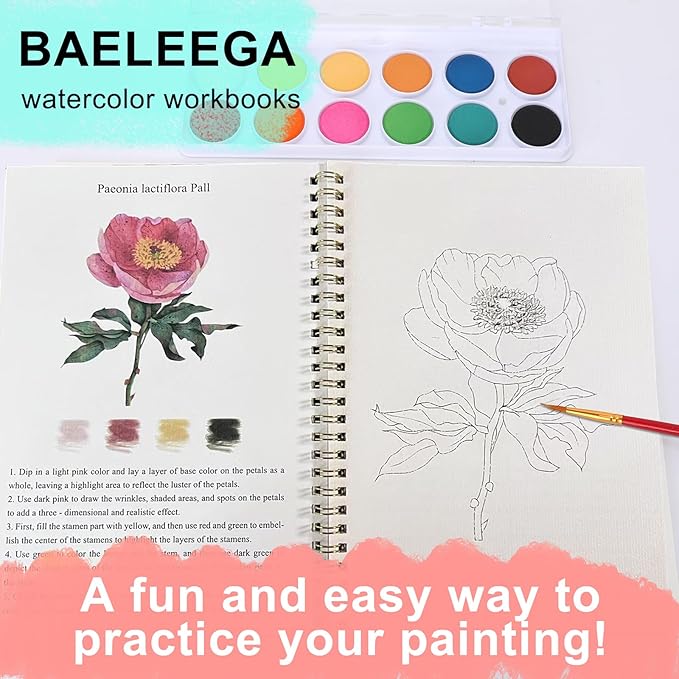 Watercolor Workbooks, Coloring Book Beginner Painting Kit, Arts Crafts Supplies Gift for Enthusiasts (Flower1)