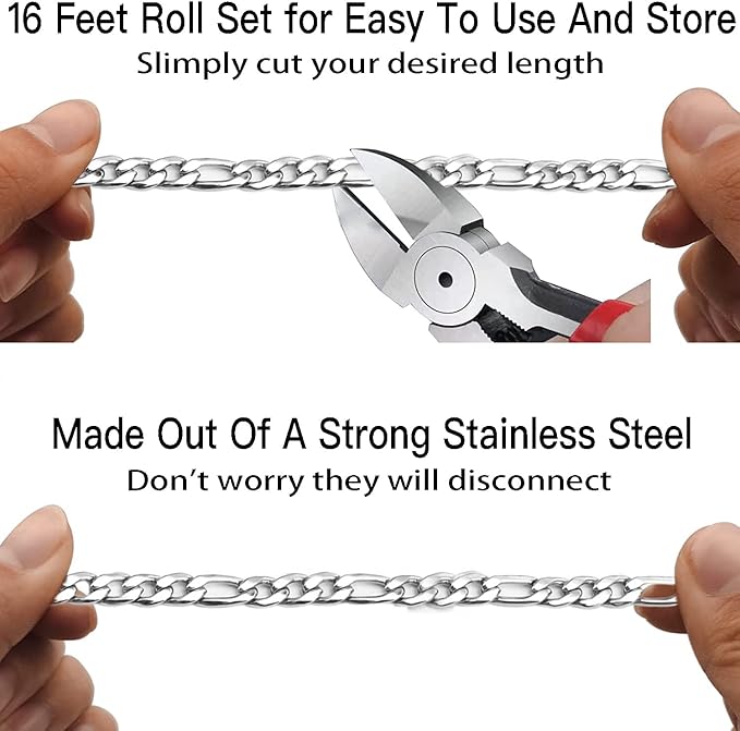 jishi 16ft figaro chain roll 6mm silver stainless steel necklace chain for jewelry making,diy mens&womens necklace bracelet crafts supplies findings,metal figaro link chain w/lobster clasps,jump rings