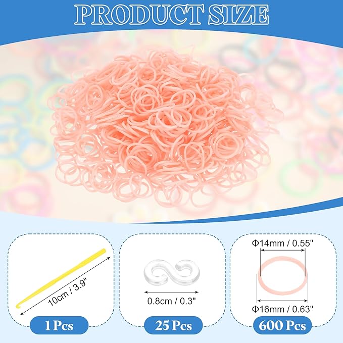 uxcell 600Pcs Loom Rubber Band, Bracelet Making Refill Kit Elastic Loom Band with 25Pcs S-Clips and 1Pcs Crochet Hooks for Weaving DIY Handcrafts, Peach Pink