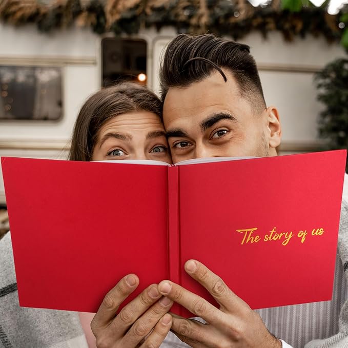 Colarr Hardcover Couples Scrapbook 144 Pages 8.7 x 8.7" Valentine Couples Photo Album Scrapbook Journal for 1 Year Wedding Memory Anniversary Photo Book Gift with 2 Markers(Red)