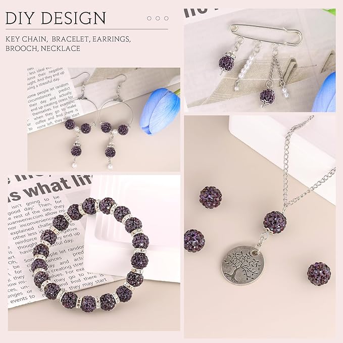 200 pcs dark purple rhinestone beads for jewelry making, sparkle crystal clay christmas for bracelet baseball necklace earring crafting and diy, shiny round shamballa disco ball beads bulk