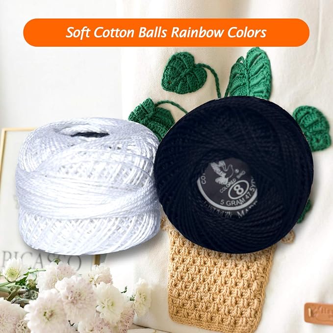 Colored BIRDCrochet Thread, Size 8 Crochet Yarn，2 Ply Cotton Yarn, 10 Balls (White&Black)