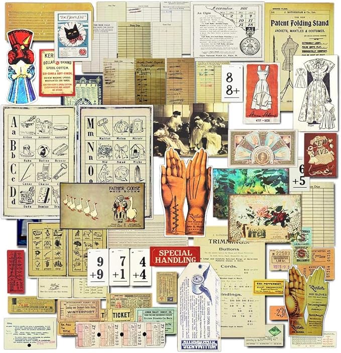 CATaireen Vintage Junk-Journal Mixed Paper Scrapbooking Embellishments Set Retro Journaling Decoupage Stickers Textured Packaging Decorative Cards Tags Kit (Library 2)