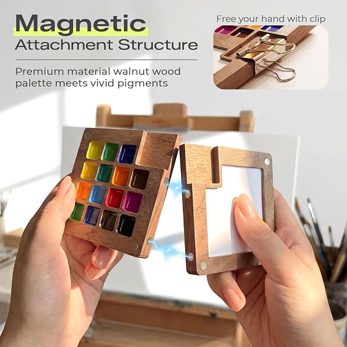 10 Pcs Mini Watercolor Paint Set, All-in-One Walnut Wood 15-Color Premium Pocket Travel Paint Kit, with Crossbody Bag,Watercolor Journal Metal Clip Paint Ideal for Art Lovers (10)