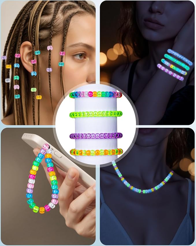 1000Pcs UV Pony Beads, Glow in The Dark, 9 Transparent Colors, Color-Changing Plastic Kandi Beads for Bracelets, Hair Braids, Necklaces, Keychains, Jewelry Making