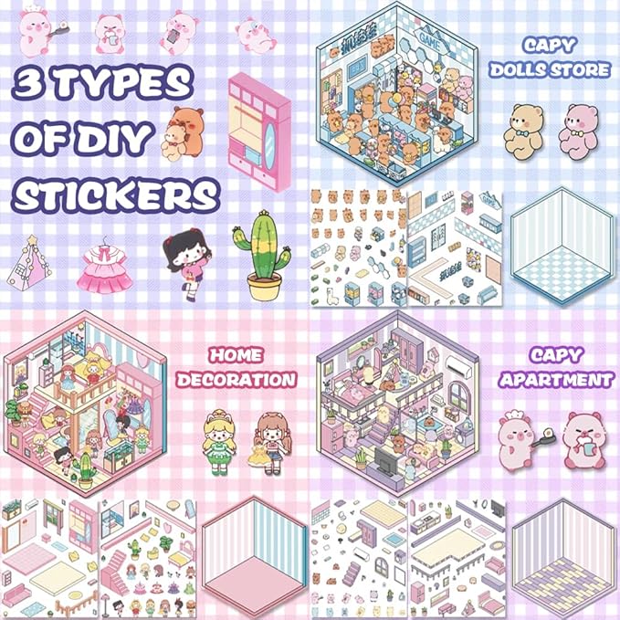 Scrapbooking Supplies Kit,DIY 3D Stickers Scene,3 Set Funny DIY Sticker Scenes,Make Your Own Cute 3D Miniature Room Scene Stickers for Adults Relief Stress Pass The Time.2-3-4