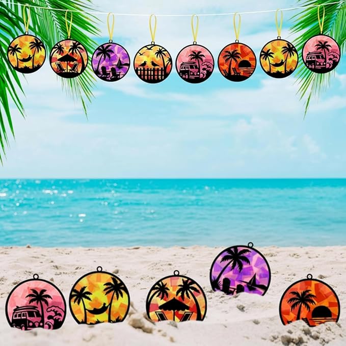 30 Pcs Tropical Palm Tree Craft Set Summer Beach Hawaiian Coconut Tree Suncatchers DIY Stained Glass Effect Tissue Paper Kits Gift Bulk for Luau Activities Art Party Decor