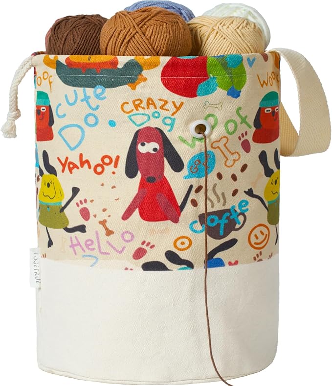 Yarn Bag, Small Crochet Bag Organizer, Drawstring Yarn Storage Knitting Bags, Portable Mini Yarn Holder for Crocheting Project, Store Skein Ball, Needles Accessories (Colorful Dogs, Large)