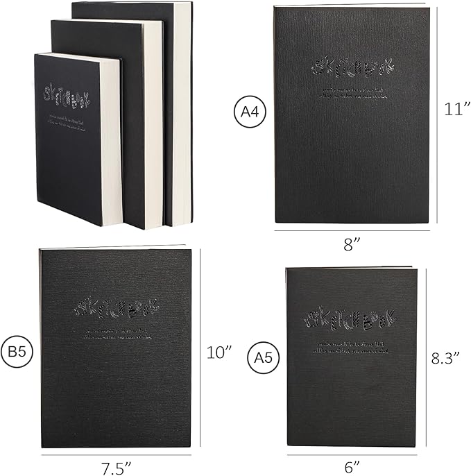 Elsjoy 3 Sizes Thick Black Sketchbook, A5/A4/B5 Blank Drawing Book Art Sketching Notebook for Painting, Watercolor, 128 Sheets/256 Pages Per Book, 100 GSM