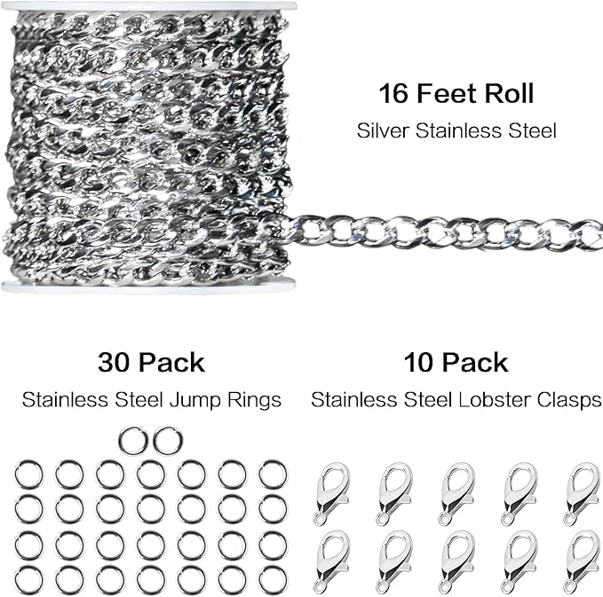 jishi 16ft cuban link chain roll 6mm silver stainless steel necklace chains for jewelry making, diy necklace bracelet crafts supplies findings, metal cuban link chain w/lobster clasps, jump rings