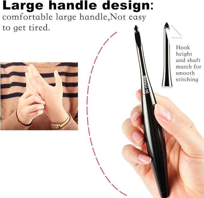 Svartur Interchangeable Crochet Hook Set with 12 Hooks – Ergonomic Crochet Hooks Large Handle, US Sizes E-4 to N-15 (3mm–10mm), Smooth & Lightweight, Crochet Kit with Storage Case, Black