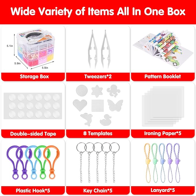 Fuse Beads Kit for Kids: 10000PC Melty Beads Set, 5MM Iron Melting Beads Craft Kit with 8 Pegboards,5 Ironing Paper and Accessories, Arts and Crafts Set Toys Gifts for Boys Girls Christmas Birthday