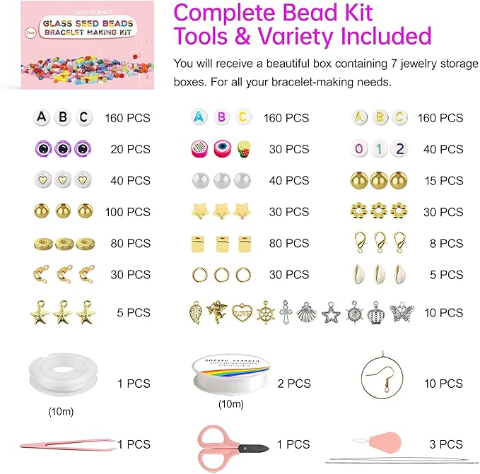Redtwo 3mm 44500pcs Glass Seed Beads Kit, 7 Boxes 144 Colors Small Beads for Bracelets, Friendship Bracelet Kit with Charms and Letters