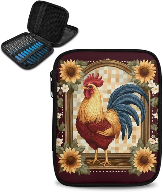 Hechitok Chicken Sunflower Crochet Hook Case with Zipper and Web Pockets for Crochet Needles/Knitting Accessories Lightweight Organizer Bag for Crochet Hook Kit Tools