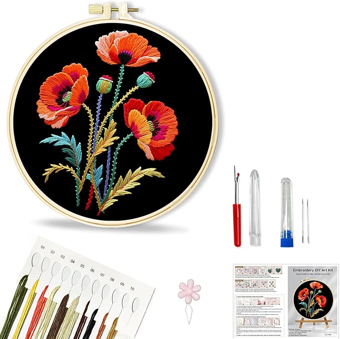Huacan Embroidery Kit for Beginners, Flower Pre-Stamped Pattern Kits for Adults with Hoop, Easy to Follow Color Thread Needlework