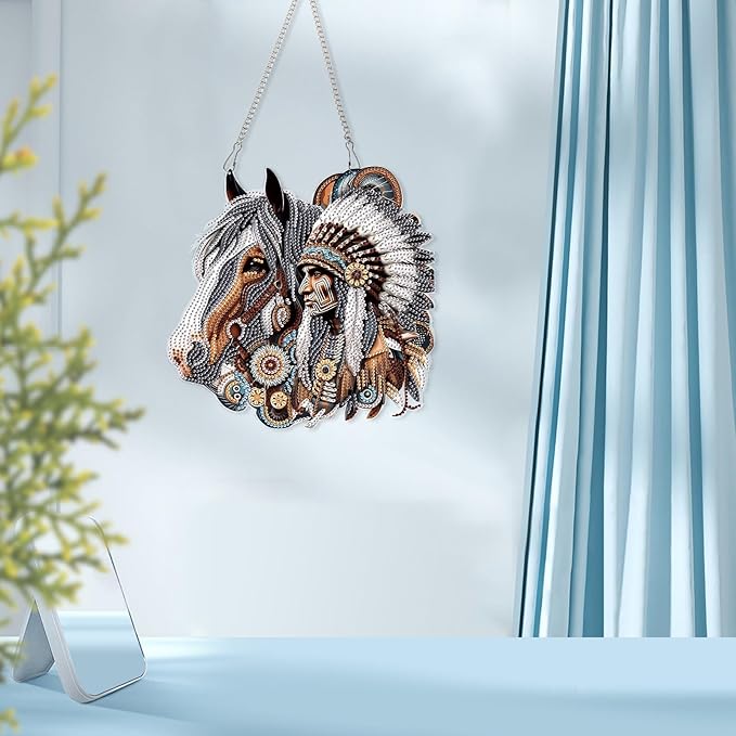 AiYuanzsh Diamond Art Suncatcher Hanging Kit Native American Horse Design, Special Shaped Diamond Painting Hanging Ornament for Adults DIY Wall Window Decoration