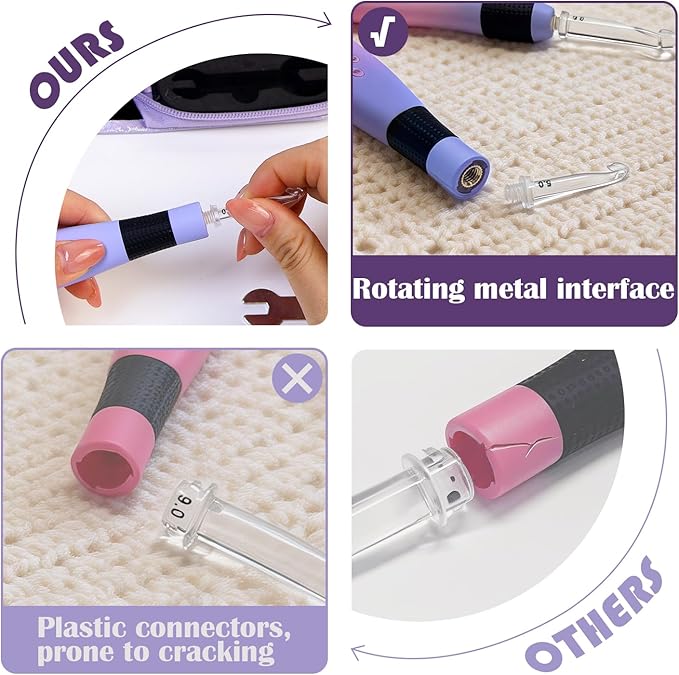 Lewhoo Lighted Crochet Hooks Set, 11 Size Light up Rechargeable Crochet Needle for Fluffy Yarn with Counter 2.5-8.0mm, Ergonomic Handle with Screw Gradiant Purple Glow in Dark