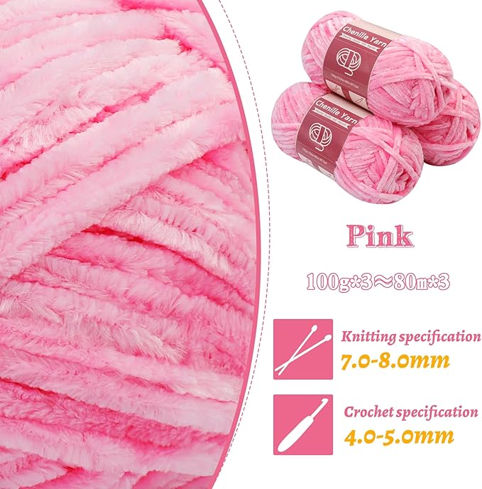 LUNARM Chenille Yarn for Crocheting Knitting, 3 Skein 263 Yard Thick Soft Chunky Fluffy Weaving Plush Yarn for Blankets Clothes Pattern Creations with Big Eye Needles (Pink)