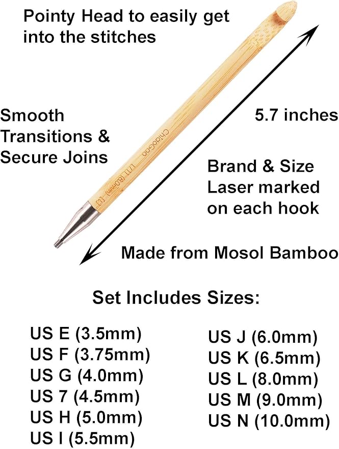 ChiaoGoo T-Spin Tunisian Interchangeable Crochet Hook Set Bamboo 1500-C 5.7-inch (14.5 cm) US Sizes E, F, G, 7, H, I, J, K, L, M & N with Project Bag