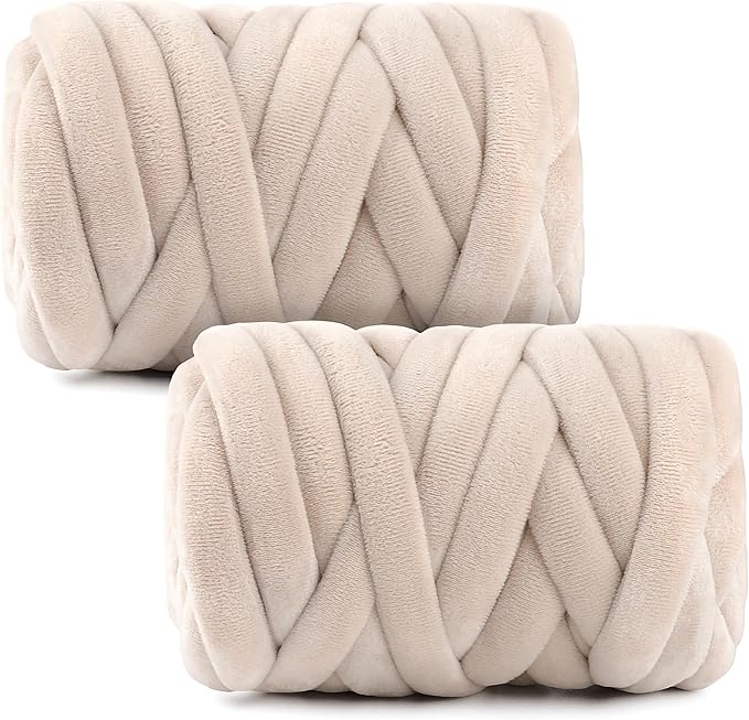 Chunky Yarn for Hand Knitting & Arm Knitting - 2-Pack Value Bundle (1.32lb Total) of Super Bulky Velvet Chenille Tube Yarn for Larger DIY Projects | No-Tool, Machine Washable, Beige