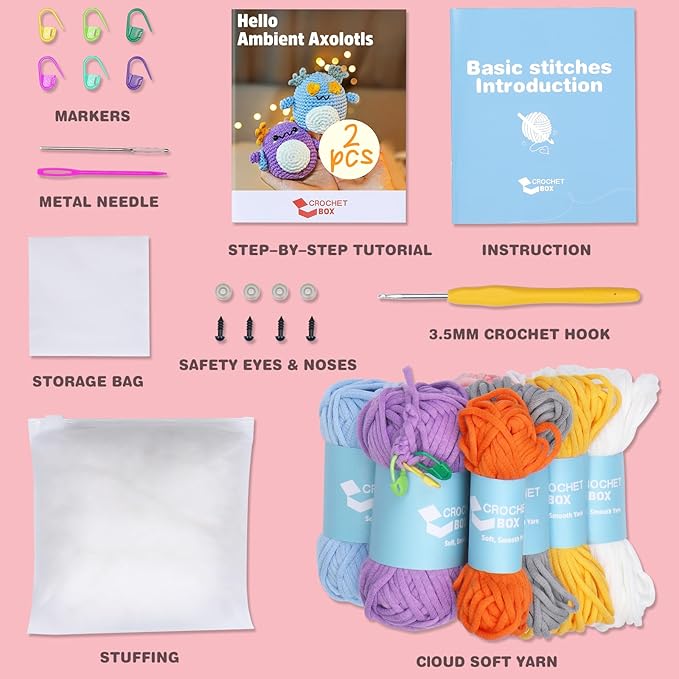 Crochet Kit for Beginners: 2 PCS Axolotl Crochet Kit, Create Your First, Include Hook, Soft Yarn, and Accessories, Starter DIY Crafts for Adults, Teens