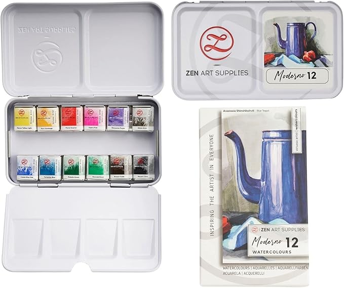 ZenART Professional Moderno Watercolor Paint - Non-Toxic 12 Half-Pan Set in Metal Tin Palette - Portable Travel Set for Adults - Vibrant Modern Water Color for Artists & Illustrators