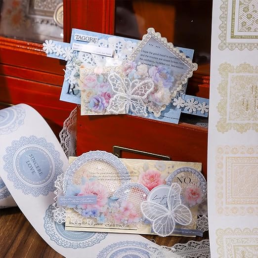 Vintage Pre-Cut Lace Border Circle Stickers Tape for Journaling, 6 Rolls White Kraft Paper Decorative Tapes Set, Frame Labels for Scrapbooking, Junk Journal Supplies, Collage, Card Making