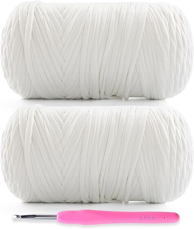 2 Pack Soft T-Shirt Yarn for Crochet, T Shirt Yarns for Crocheting Crafts, Bags, Basket, Coaster, Tshirt Yarns - 800 G/260 Yds with 1 Crochet Hook (2, White)