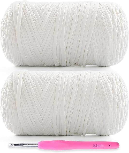 2 Pack Soft T-Shirt Yarn for Crochet, T Shirt Yarns for Crocheting Crafts, Bags, Basket, Coaster, Tshirt Yarns - 800 G/260 Yds with 1 Crochet Hook (2, White)