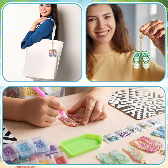 Huquary 30 Pcs Summer Diamond Art Flip Flop Diamond Painting Keychains Kits for Aldults Double Sided 5d Rhinestones Beach Slipper Hanging Key Chains Ornaments for Beginners DIY Crafts Party