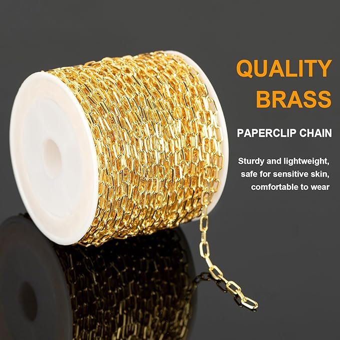 KYUNHOO 32.8 Feet Small Paperclip Chain Spool Light Gold Plated Chain Bulk Soldered Cable Link Craft Chain for Necklace Bracelet Ankle Jewelry Making with Jewelry Clasps