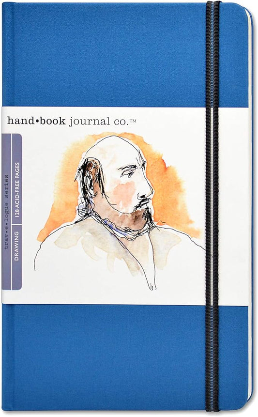 Handbook Journal Co. Sketch Book - Large Portrait 8.25 x 5.5 in Ultramarine European Linen-Bound Hard Cover, 128 Pages (64 Sheets) of 130 GSM Acid-Free Art Drawing Paper, Pocket and Elastic Closure