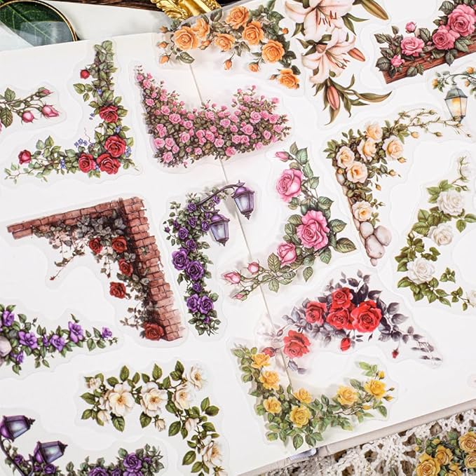 180pcs Courtyard Corner Flower Stickers for Scrapbooking Journaling Vintage Flowers Scrapbook Stickers Aesthetic Floral Sticker Pack Scrapbook Kit Junk Journal Supplies Self-Adhesive Decoupage Paper