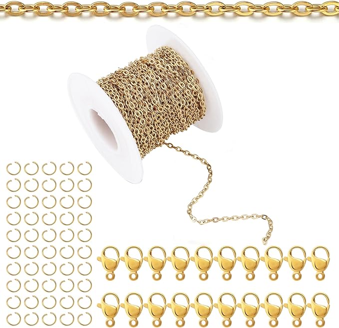 Topacket 33Feet 18K Gold Stainless Steel Necklace Chains Cable Link Chains for Jewelry Making DIY Craft Kit with Lobster Clasps Jump Rings