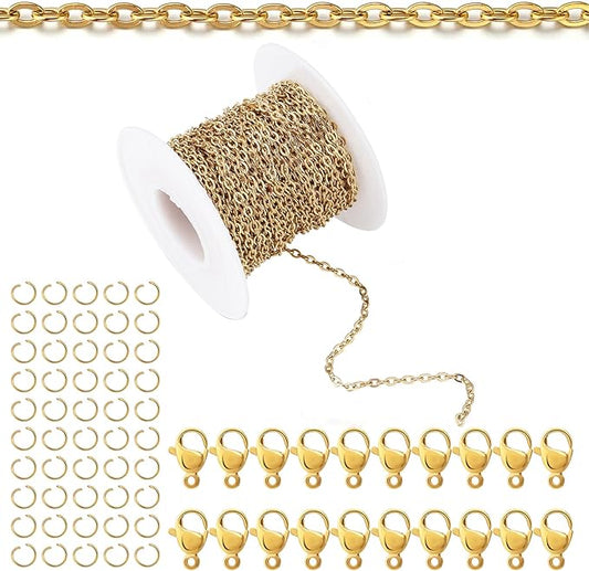 Topacket 33Feet 18K Gold Stainless Steel Necklace Chains Cable Link Chains for Jewelry Making DIY Craft Kit with Lobster Clasps Jump Rings