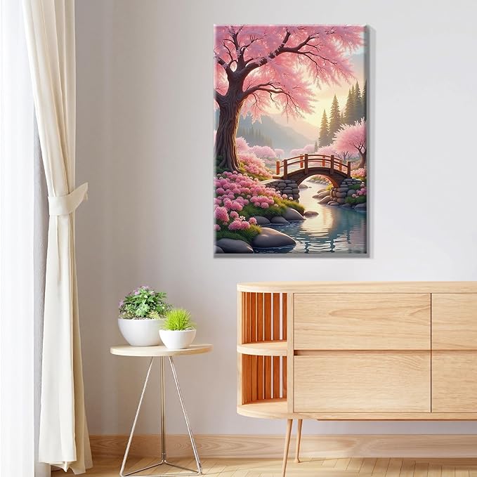 JOOZ Sakura Paint by Numbers Kit for Adults with Frame Landscape Paint by Number with Easel Lake Adult Paint by Number Kits Framed Canvas Mountain Oil Painting Kits for Home Wall Decor 8x12 Inch