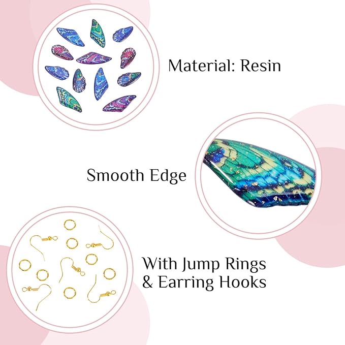 FASHEWELRY 12Pcs Resin Fairy Wing Earring Charms Purple Turquoise Blue Butterfly Wing Pendants Insect Print Feather Charms with Jump Rings Earrings Hooks for DIY Earring Jewelry Making
