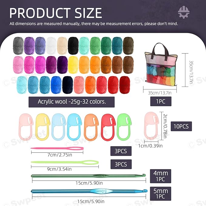 Swpeet 51Pcs Crochet Yarn Kit, Including 32Pcs Multicolor Acrylic Yarn Skeins, 10Pcs Stitch Markers, 6Pcs Plastic Knitting Needle, 2Pcs Crochet Hooks and 1Pcs Bag for Crocheting and Knitting