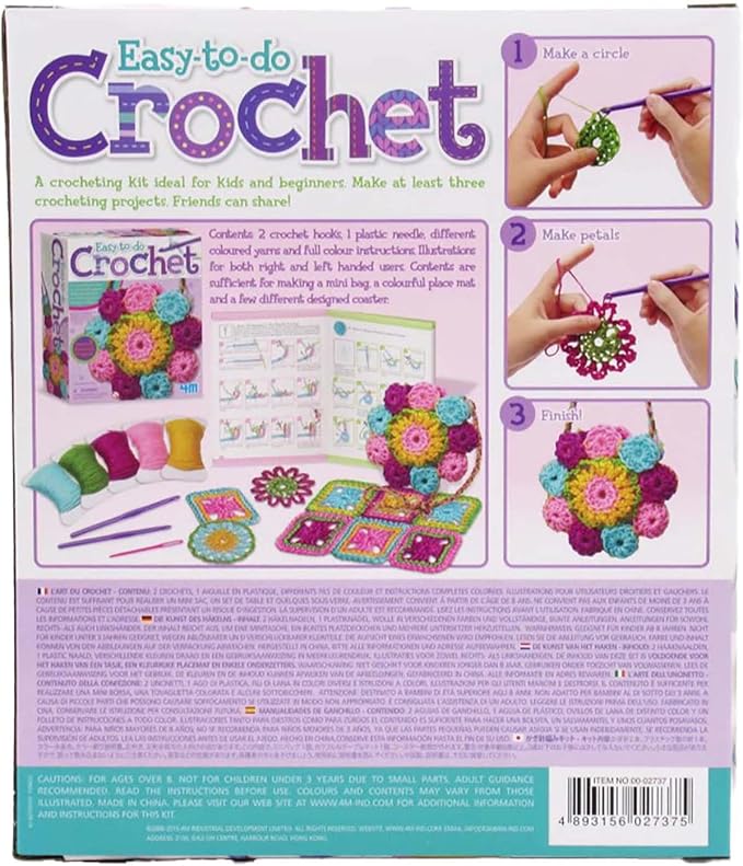 4M: Easy-to-Do Crochet - DIY Knitting Craft Kit, Learn 3 Yarn Work Projects, Create Coasters-Mini Bag-Placemat, All-in-1 Set, Beginners & Kids Ages 8+