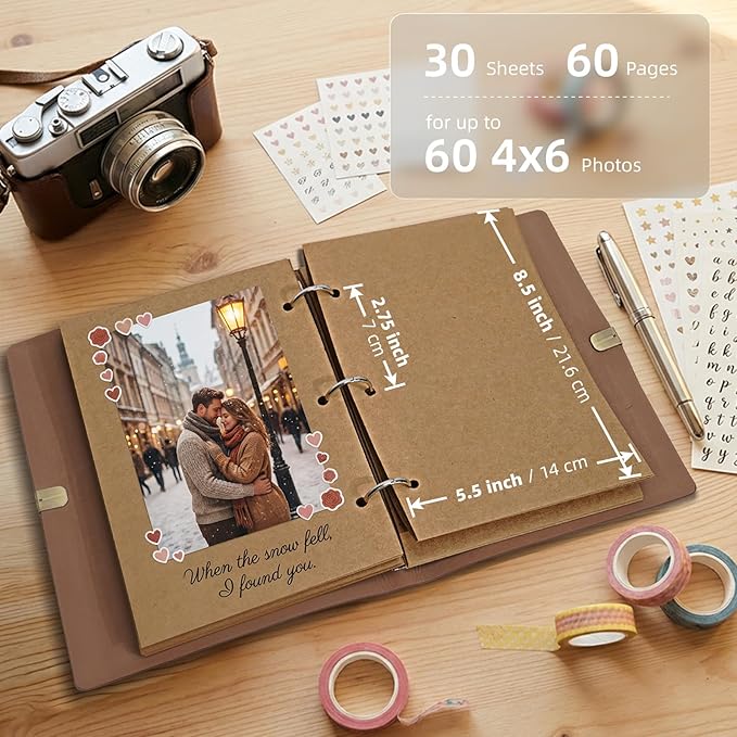 Vienrose Photo Album Scrapbook Kit, 3 Ring Faux Leather Cover DIY Memory Book Kraft Paper with 30 Sheets 60 Pages, Vintage Scrapbooking Supplies Set for Wedding, Anniversary, Valentine Gifts, Brown