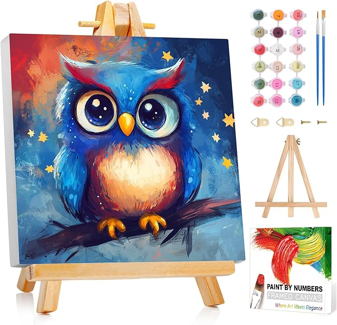 Reivworl Paint by Numbers Kit for Kids with Frame and Easel, Owl Paint by Number for Kids Age 6-8-12, Acrylic Paint by Numbers for Gifts and Home Decor (8X8inch)
