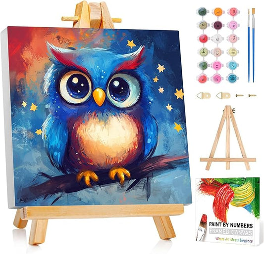 Reivworl Paint by Numbers Kit for Kids with Frame and Easel, Owl Paint by Number for Kids Age 6-8-12, Acrylic Paint by Numbers for Gifts and Home Decor (8X8inch)