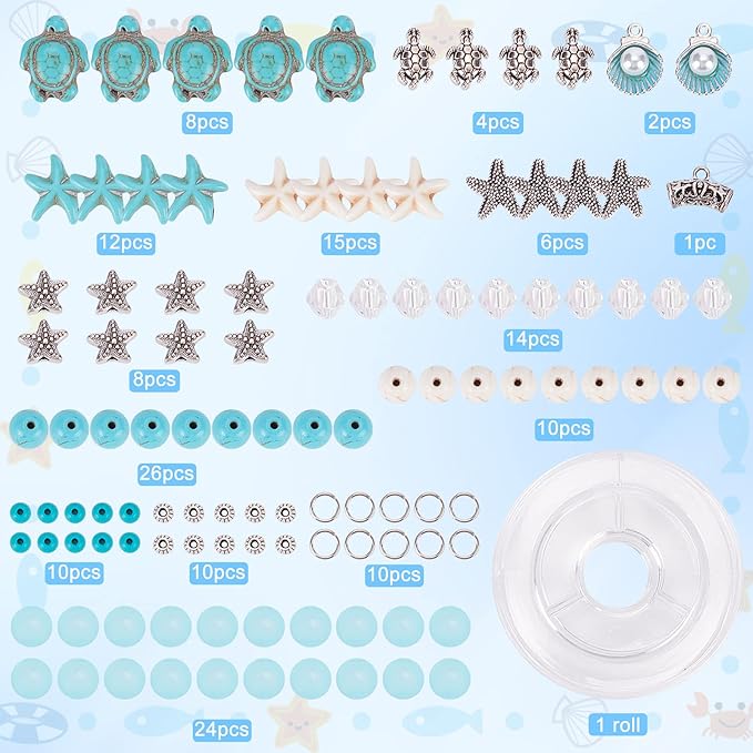 SUNNYCLUE 1 Box DIY 6Pcs Bohemian Style Synthetic Turquoise Turtle Bead Starfish Beads 8mm Beading Bracelet Making Kit Tortoise Beads for Jewelry Making Kit Multi Layer Bracelets Anklets Women Craft