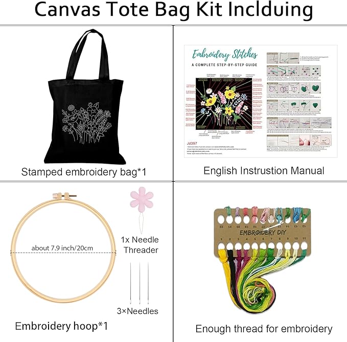 Nuberlic Canvas Tote Bag Embroidery Kit for Beginners Adults -DIY Needlepoint Kit with Floral Pattern Bag Reusable Eco-Friendly Shopping Bag
