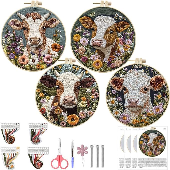 LB 4 Pack Farmhouse Cow Embroidery Kit for Beginners Rustic Floral Plant Beginner Embroidery Kit for Adults DIY Starter Kit with Embroidery Hoop Colorful Threads Tools and Instructions