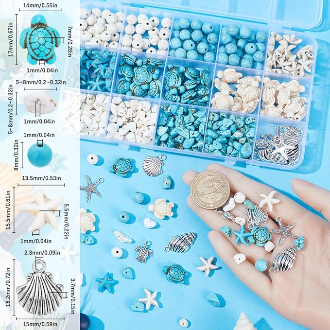 SUNNYCLUE 1 Box 217Pcs Turtle Beads Starfish Beads Boho Sea Turtle Starfish Shell Charm Bulk Summer Hawaii Ocean Charms Turquoise Loose Spacers for Jewelry Making Kits DIY Craft Supplies