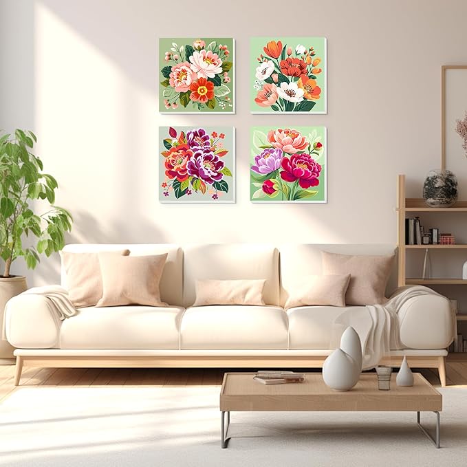 Lxmsja 4 Pack Colorful Peony Quartet Paint by Numbers Kit for Adults, Easy Framed Paint by Numbers for Adults Beginner, DIY Acrylic Oil Painting Craft Kits for Home Wall Decor 8x8 inch