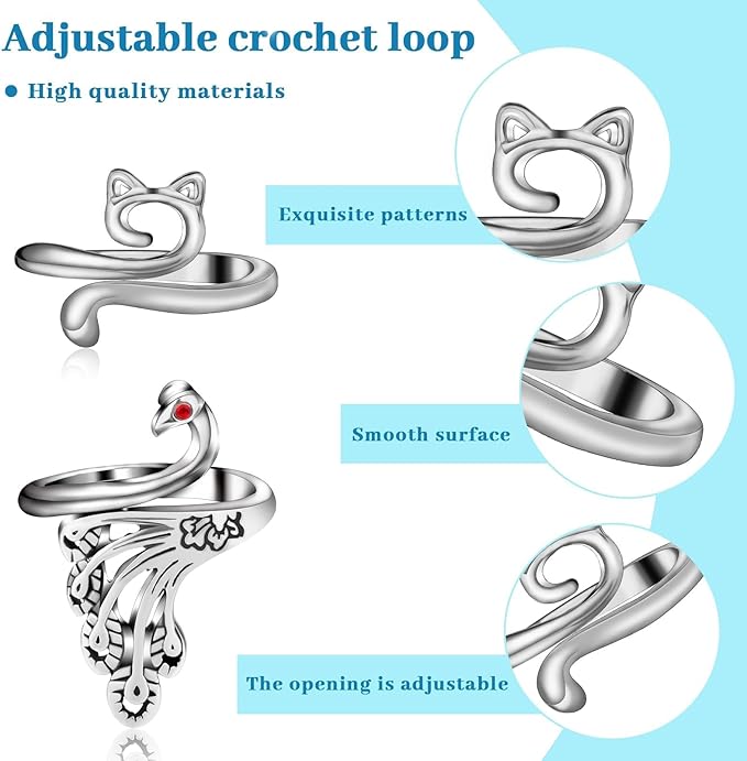 8 Pcs Crochet Ring, Adjustable Crochet Ring for Finger, Tension Rings Cat Yarn Guide Yarn Knitting Thimble, Faster Knitting Crocheting Accessories for Mother Grandma