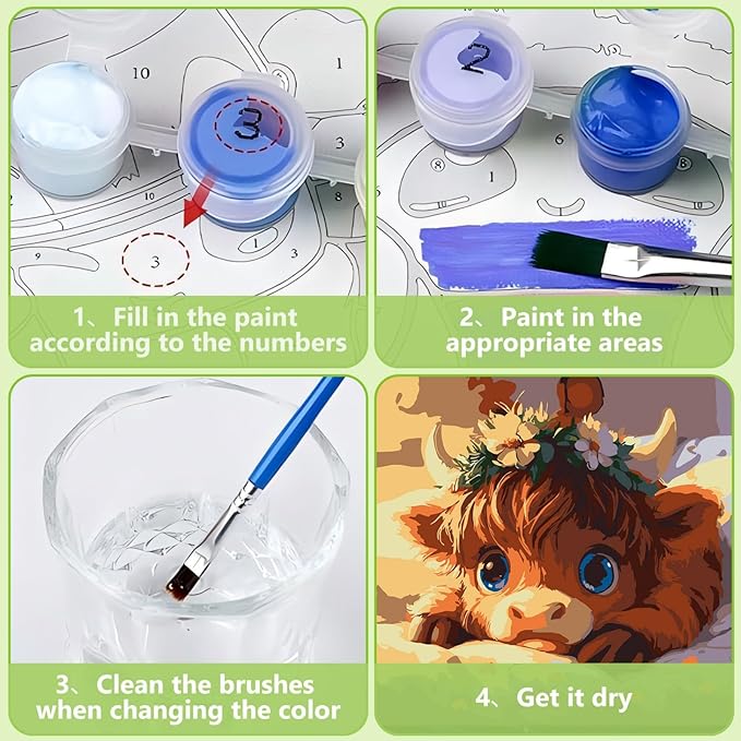 Reivworl Paint by Numbers Kit for Kids with Frame and Easel, Cow Paint by Number for Kids Age 6-8-12, Acrylic Paint by Numbers for Gifts and Home Decor (8X8 inch)